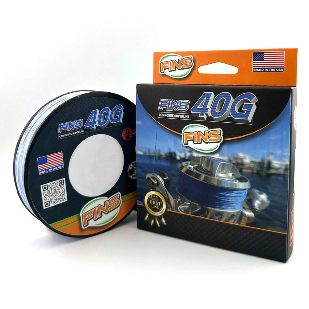FINS 40G USA-made braid closeup shows rugged construction for big-game fishing.