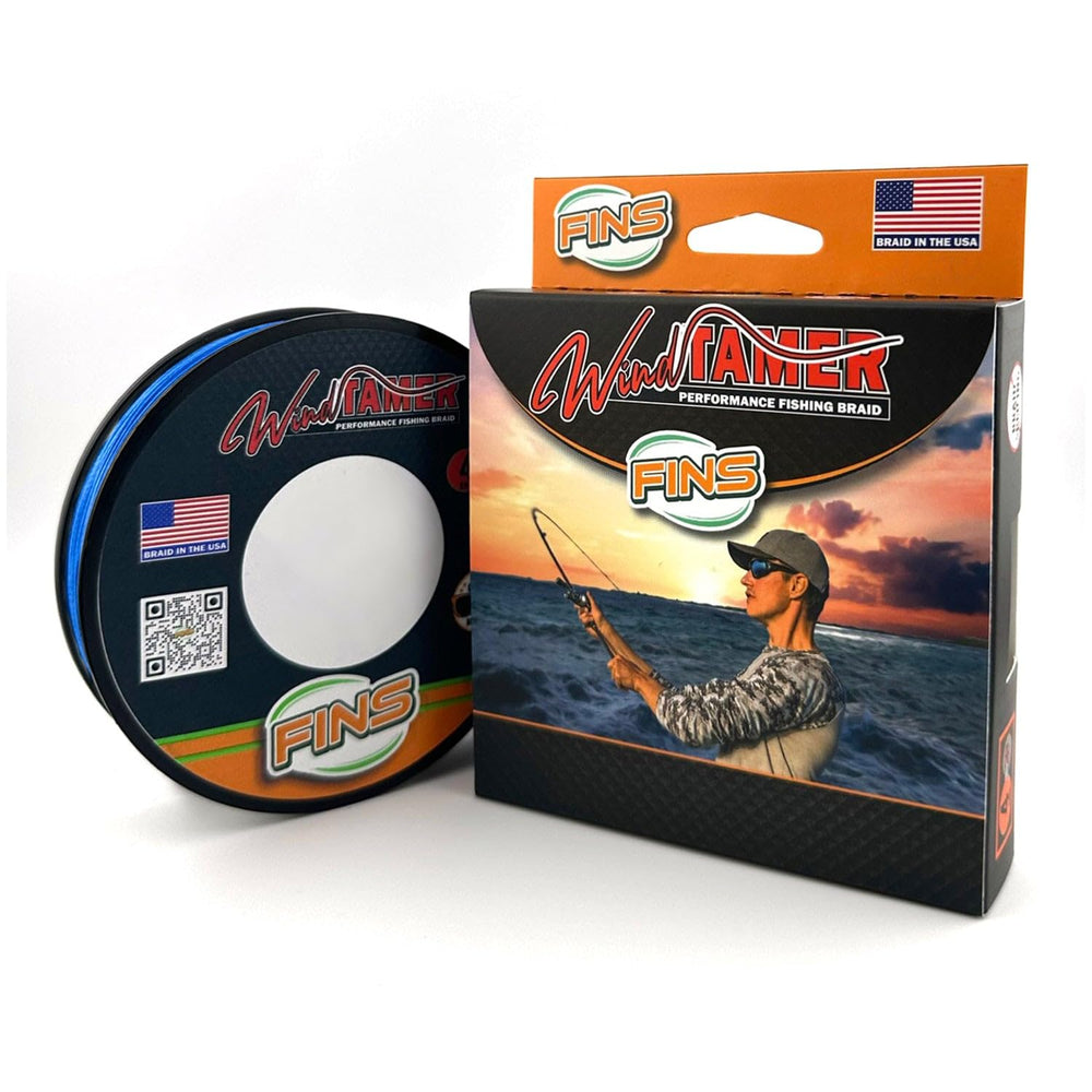 FINS Windtamer braided line on spool showing four-end braid for strong knot performance