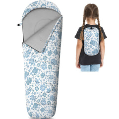 FIOBEE kids sleeping bag front view in blue flower design for outdoor camping warmth.