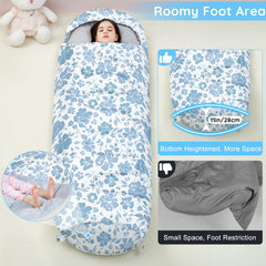 FIOBEE kids sleeping bag interior with soft lining and wide feet area for comfort.