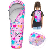 Fiobee kids sleeping bag front view pink love showing cozy outdoor use