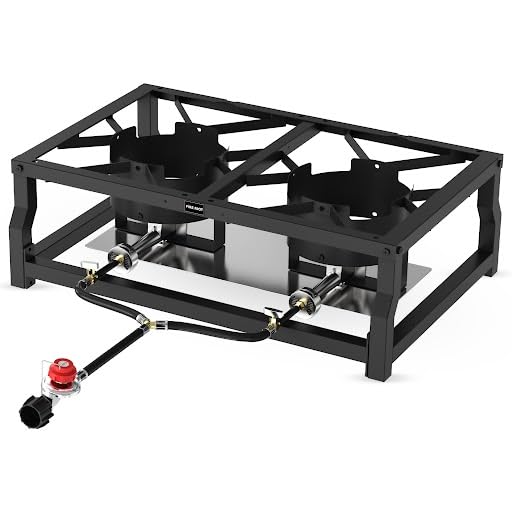 FIRE RIOT tabletop double burner stove with dual burners enables fast outdoor cooking and boiling.