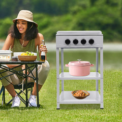 Portable FireLeaves stove with removable storage stand for RV or picnics