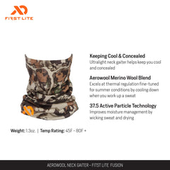 First Lite Aerowool Merino neck gaiter demonstrates thermal regulation in hot conditions.