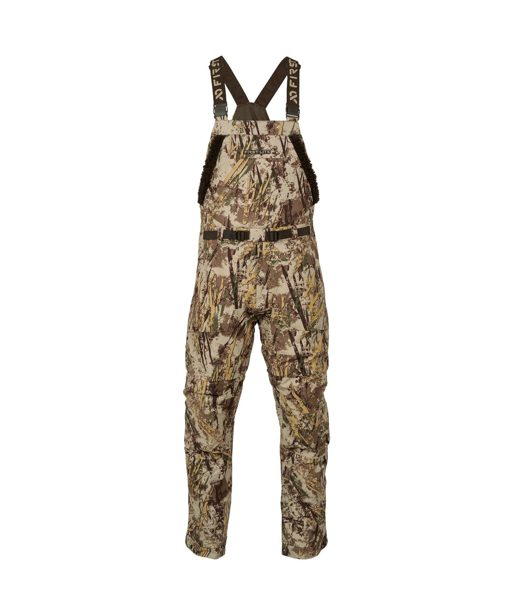 First Lite Refuge Bib Pant in Typha camo, waterproof protection for winter hunts
