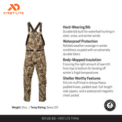 First Lite Refuge Bib Pant in Typha camo, windproof design against marsh gusts