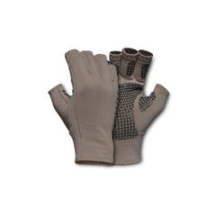 First Lite Rugged Wool half finger glove in walnut large showing dexterity and warmth