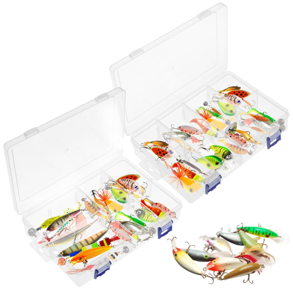 Transparent lure organizer box showing multiple compartments filled with lures