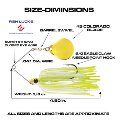 FISH LUCKE chartreuse/white skirt with oversized Colorado blade for thump and depth.