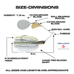 Luck-E-Strike Legends spinnerbait close up shows oversized blades and lifelike skirt.