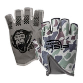 Fish Monkey FM18 Stubby Glove front view old school beige camo with secure grip