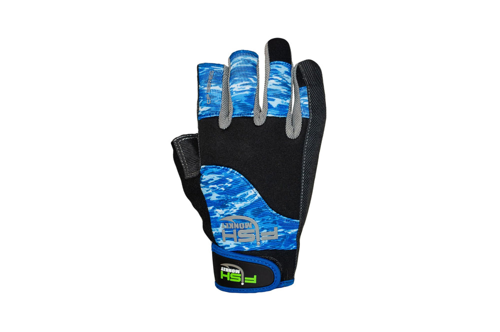 Fish Monkey Quick Release Wiring Glove in blue water camo offers improved grip.