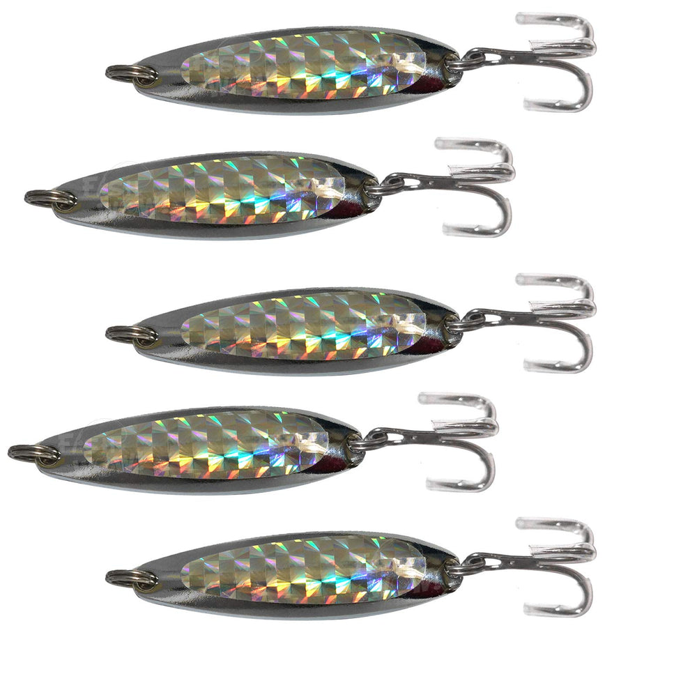 Fish WOW! 5-piece spoon lure with treble hook and silver tape for multi-species fishing.