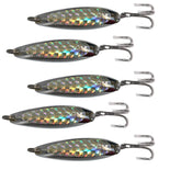 Fish WOW! 5-piece spoon lure with treble hook and silver tape for multi-species fishing.