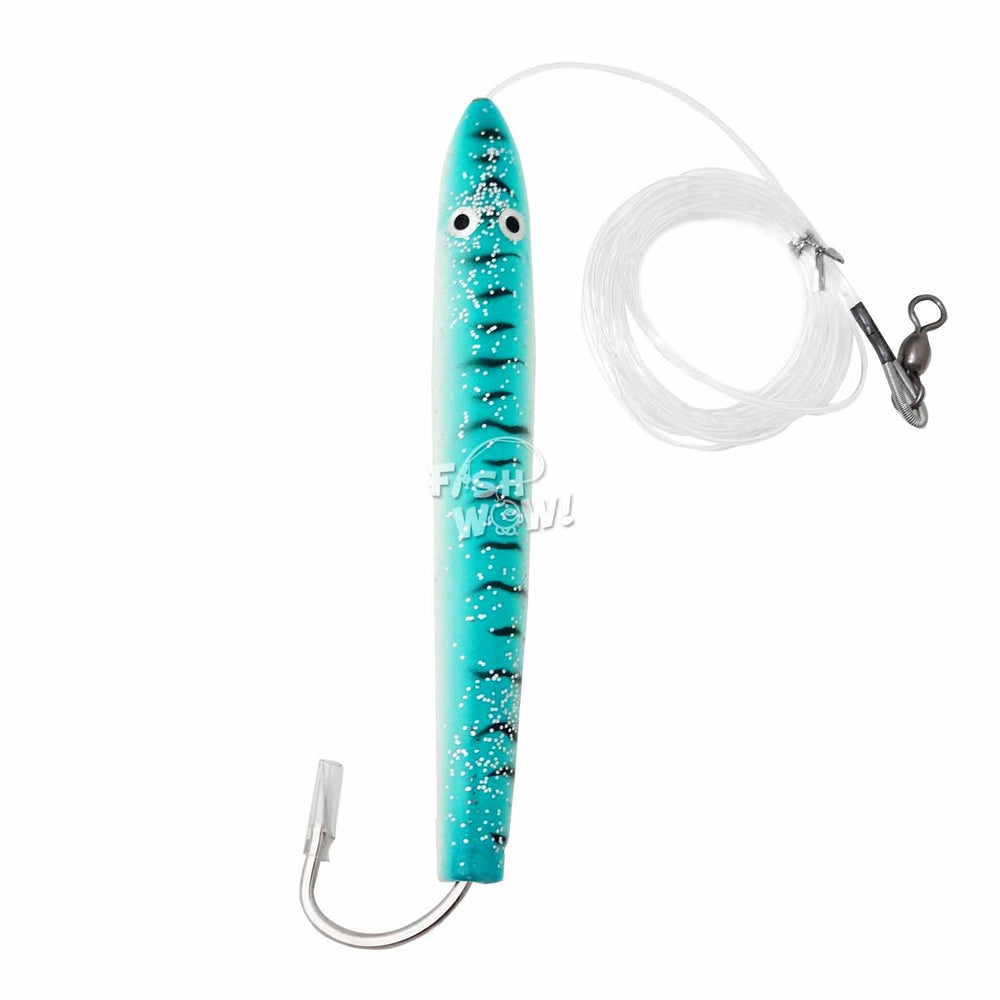 Fish WOW! 6in cedar plug rigged for tuna, ideal for offshore trolling.