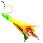 Fish WOW! 6in tuna feather lure in green-yellow-red for multi-species saltwater bites.