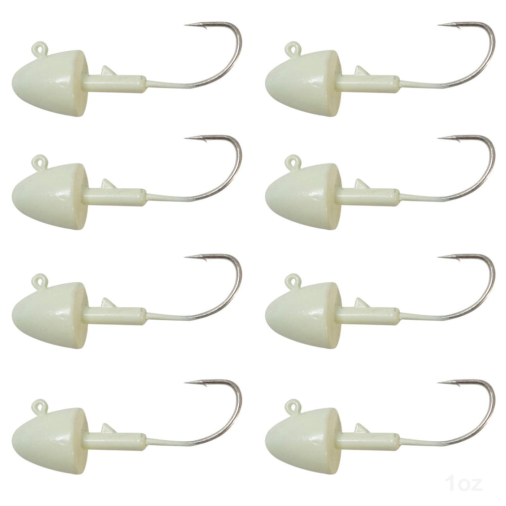 Fish WOW! 8pcs shad jighead glow closeup for improved lure visibility.