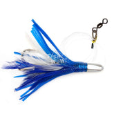 Fish WOW! bullet jet head rig with feather and squid skirt, blue-white, attracts big-game fish