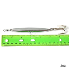 Fish WOW! 3oz diamond jig treble-hook closeup for precise casting.