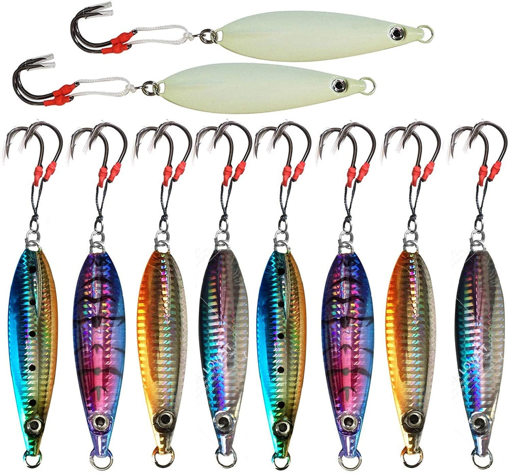 Fish WOW! flat fall jig set for bottom fishing, featuring multiple colors.
