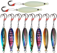 Fish WOW! flat fall jig set for bottom fishing, featuring multiple colors.