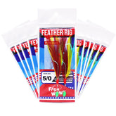 Fish WOW! red yellow rockfish feather rig front view with dual hooks for rockfish jigging.