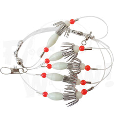 Fish WOW! glow beads on squid gangion attract Humboldt squid and bait squid.