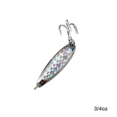 Fish WOW! spoon lure in water demonstrating jigging action and appeal.