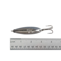 Fish WOW! spoon lure close-up shows silver prism tape for flashing underwater.