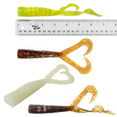 Fish WOW Twin Tail Perch Grub chartreuse, angle view ready for jig head rigging.