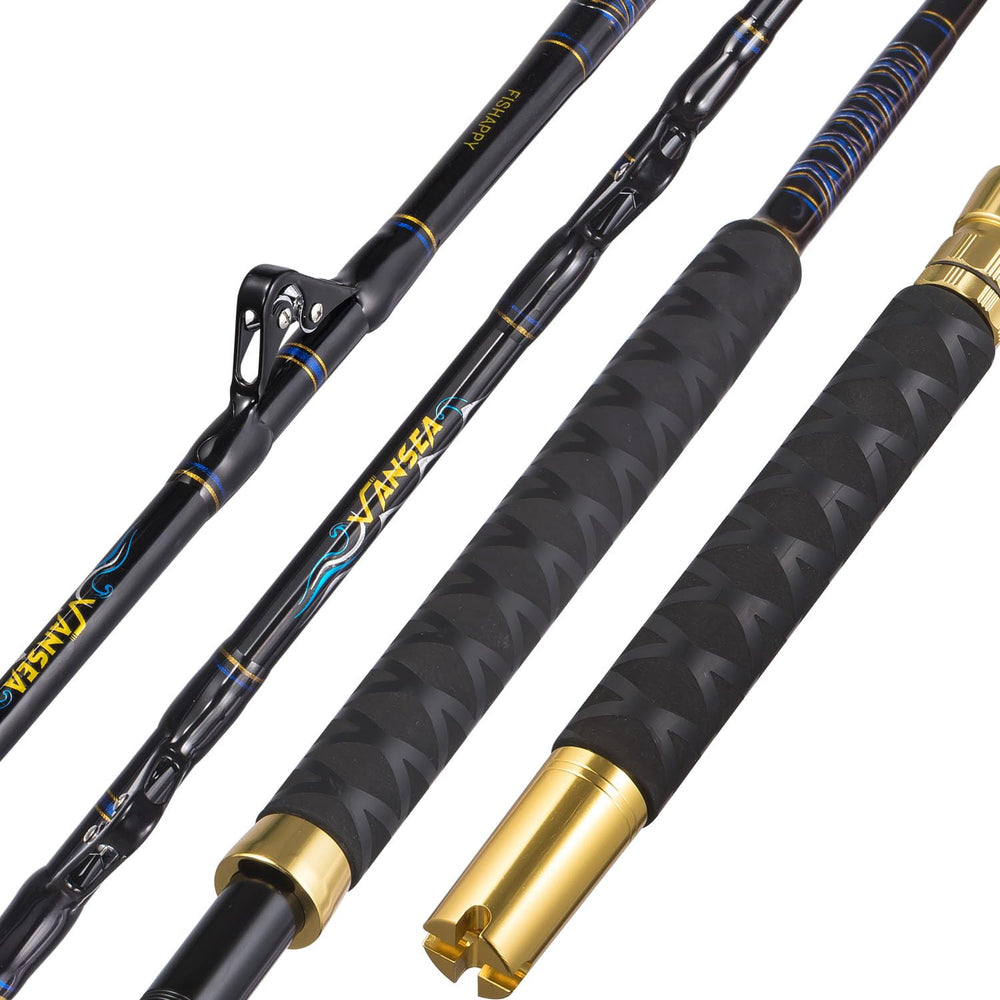 Fishappy saltwater offshore rod front view showing rugged build for big game trolling