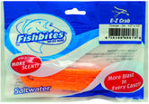 FishBites E-Z Crab longer lasting orange bait strips stay on the hook for multiple casts.