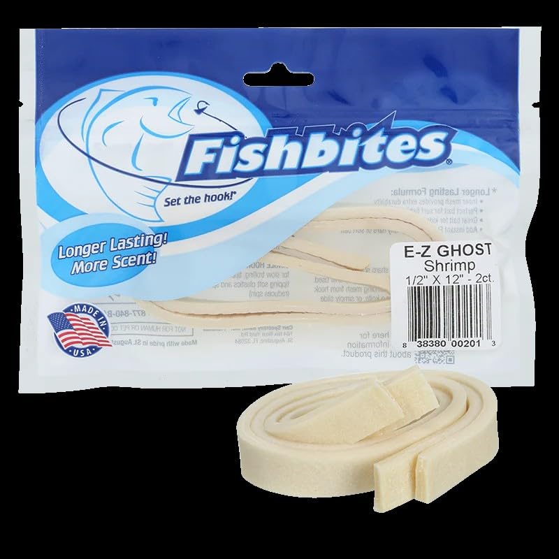 FishBites Longer Lasting E-Z Shrimp Ghost Shrimp bait strip on a fishing hook