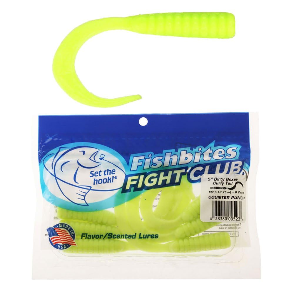 FishBites Fight Club 5-inch Dirty Boxer Curly Tail lure for fast scent release and saltwater fishing.