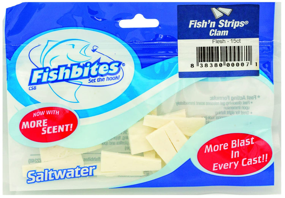 FishBites Fish'n Strips Clam Flesh on-hook bait for surf fishing