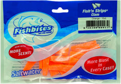 FishBites Fish'n Strips Clam Orange on a hook showing lasting water scent for attracting bites