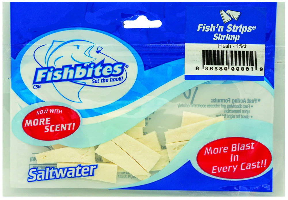 FishBites Fish'n Strips Shrimp Flesh on-hook bait with secure hold for surf casts.