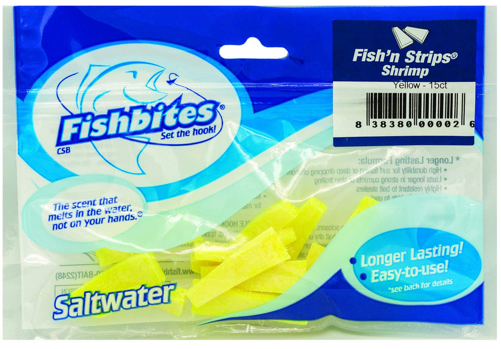 FishBites Fish'n Strips Shrimp Yellow pennant bait on hook for steady casting