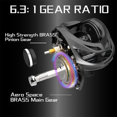 FISHDROPS baitcaster reel top view emphasizes compact design and ergonomic grip.