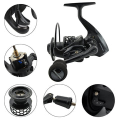Fishdrops spinning reel spool close-up shows carved honeycomb holes reducing weight.