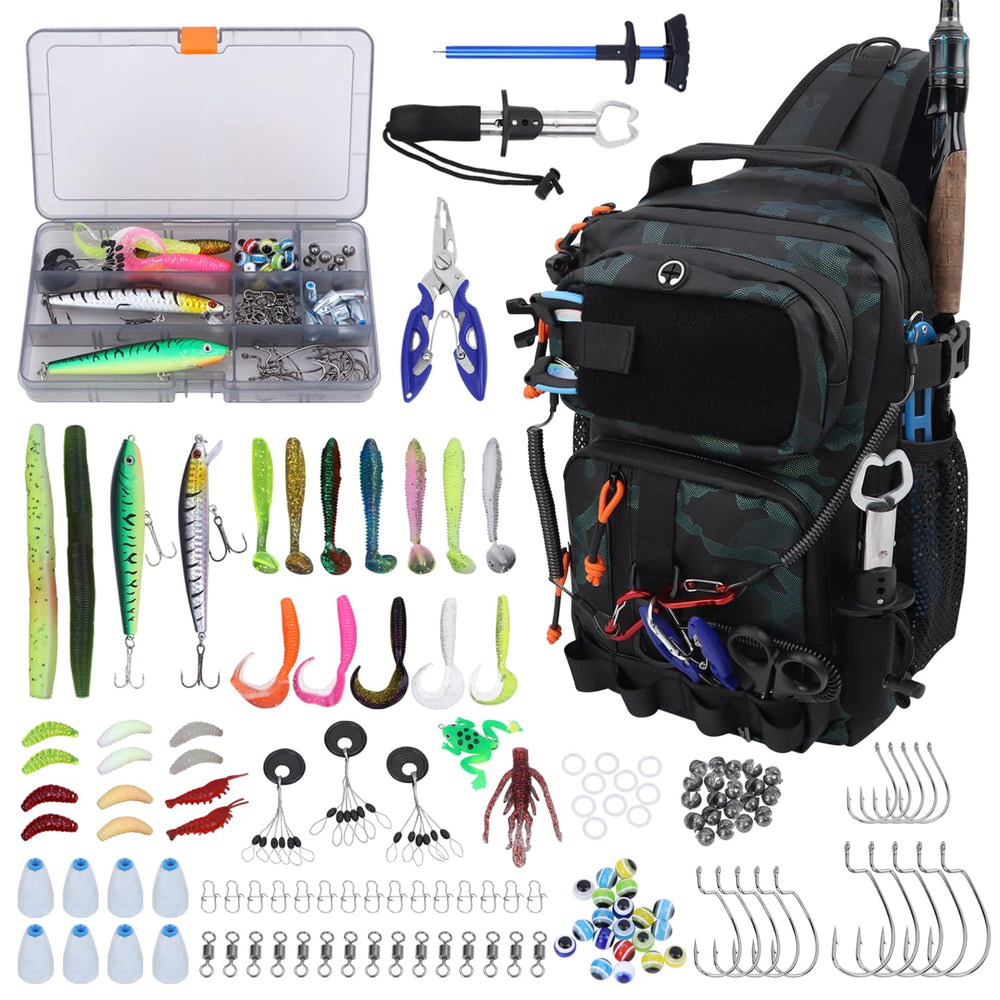Green waterproof fishing backpack with tackle boxes and MOLLE straps