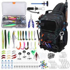 Green waterproof fishing backpack with tackle boxes and MOLLE straps