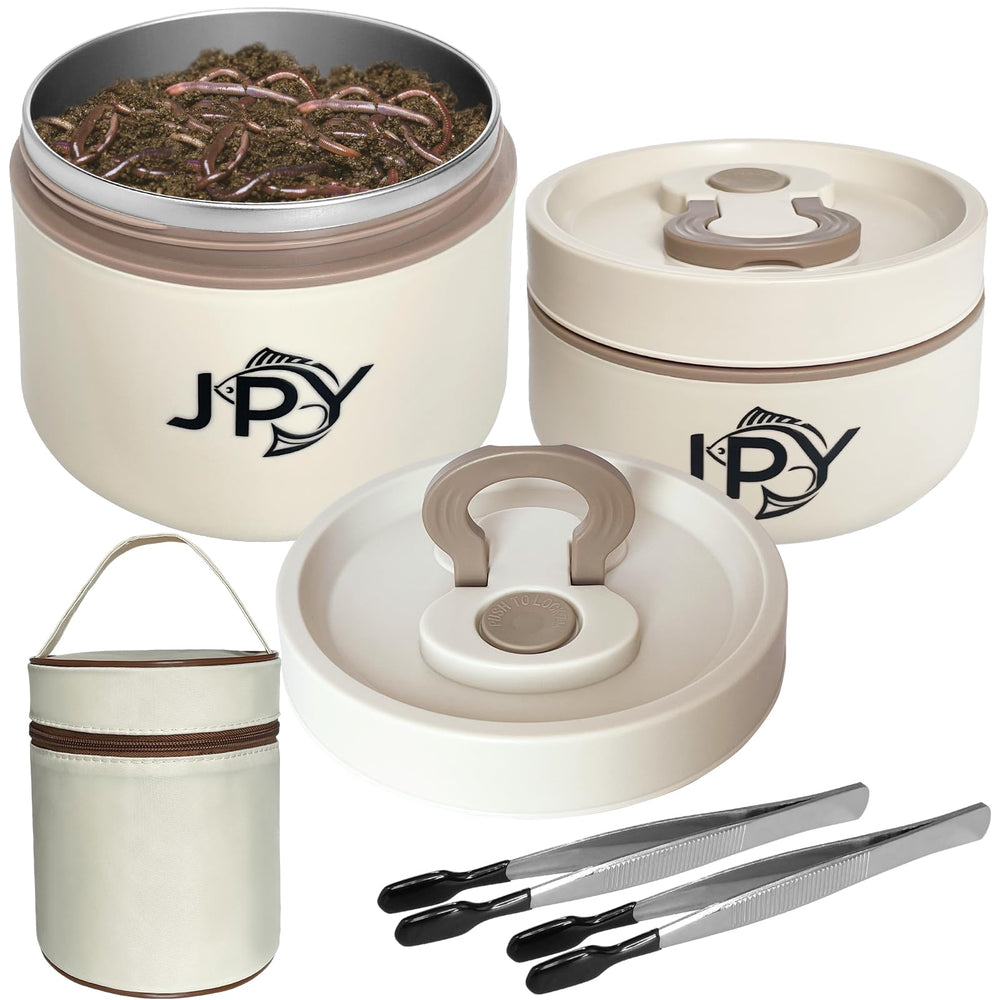 Two stainless steel bait containers in 650ml and 350ml sizes with carry bag