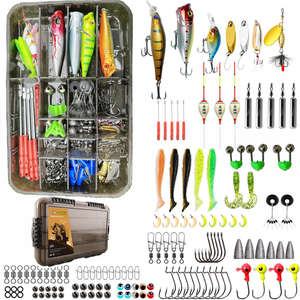 All-in-one fishing gear box showcasing the 175-piece tackle set