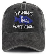 Front view of unisex fishing hat with embroidered 'Fishing Hair Don't Care' logo