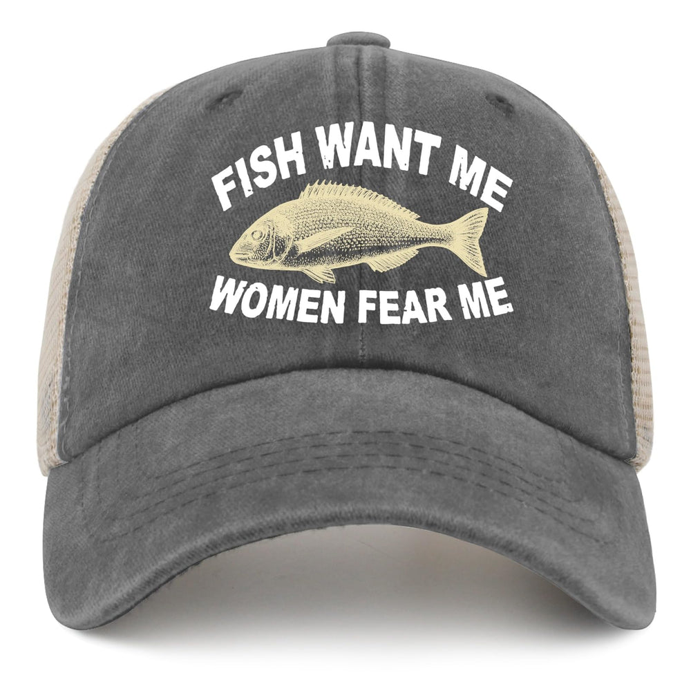 Women's trendy trucker hat with 'Women Want Me Fishes Fear Me' design, breathable mesh back