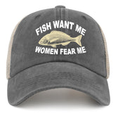 Women's trendy trucker hat with 'Women Want Me Fishes Fear Me' design, breathable mesh back