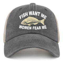 Women's trendy trucker hat with 'Women Want Me Fishes Fear Me' design, breathable mesh back