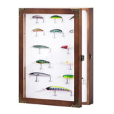 Large shadow box display case for fishing lures with dark wood finish