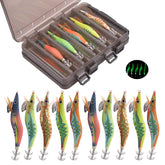 Luminous full body squid jig lure glowing in dark water